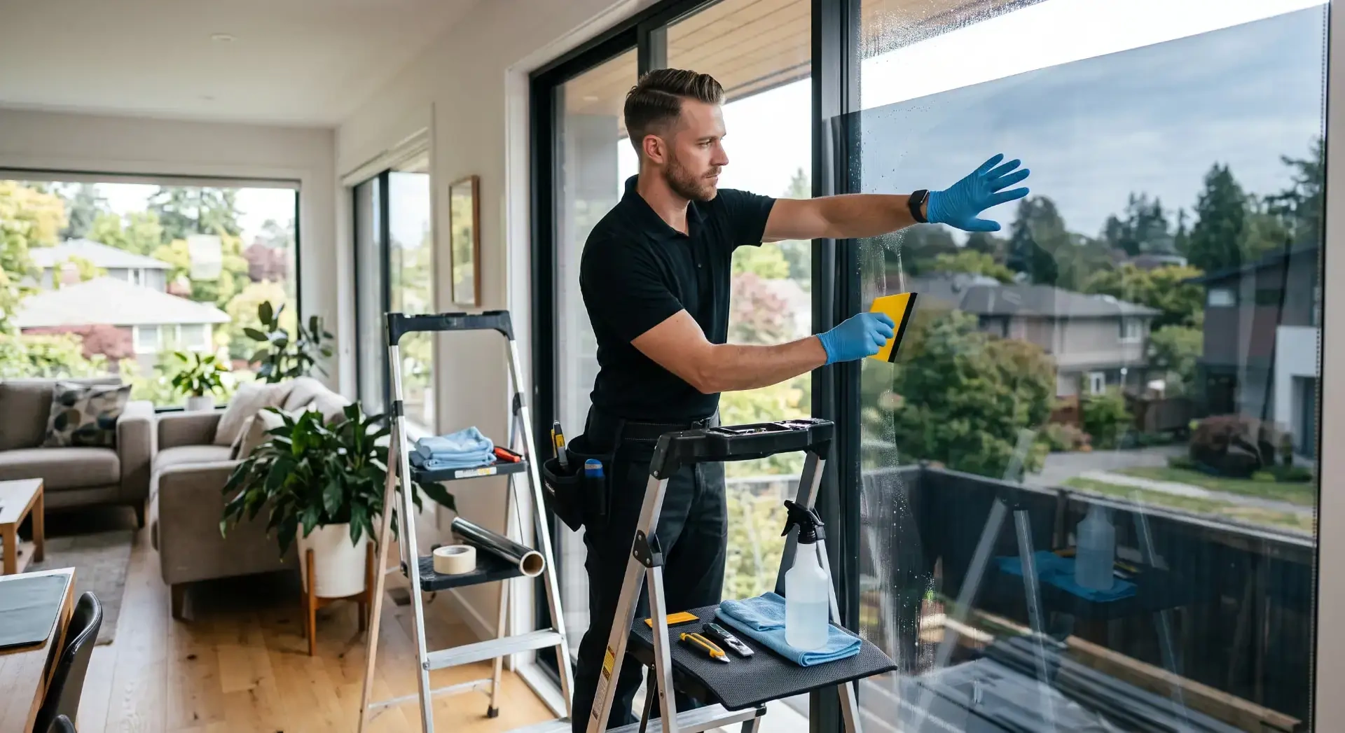 Certified installer applying 3M window film to a large residential glass door