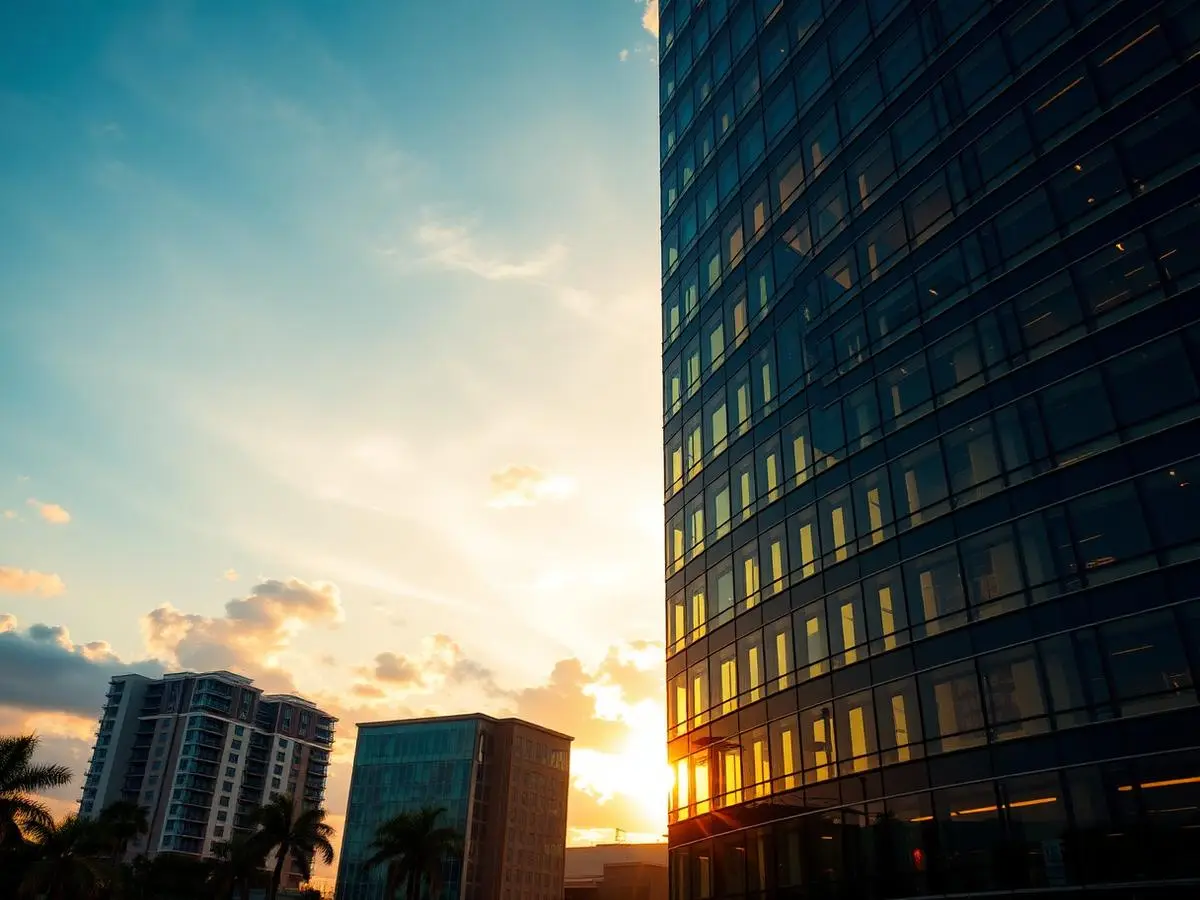 Florida glass office tower at golden hour with solar control window film