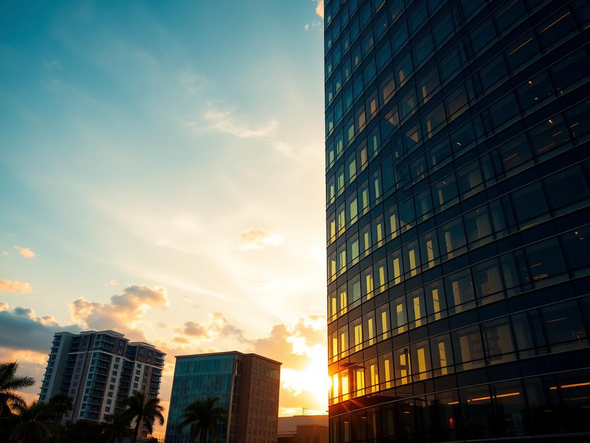 Florida glass office tower at golden hour with solar control window film