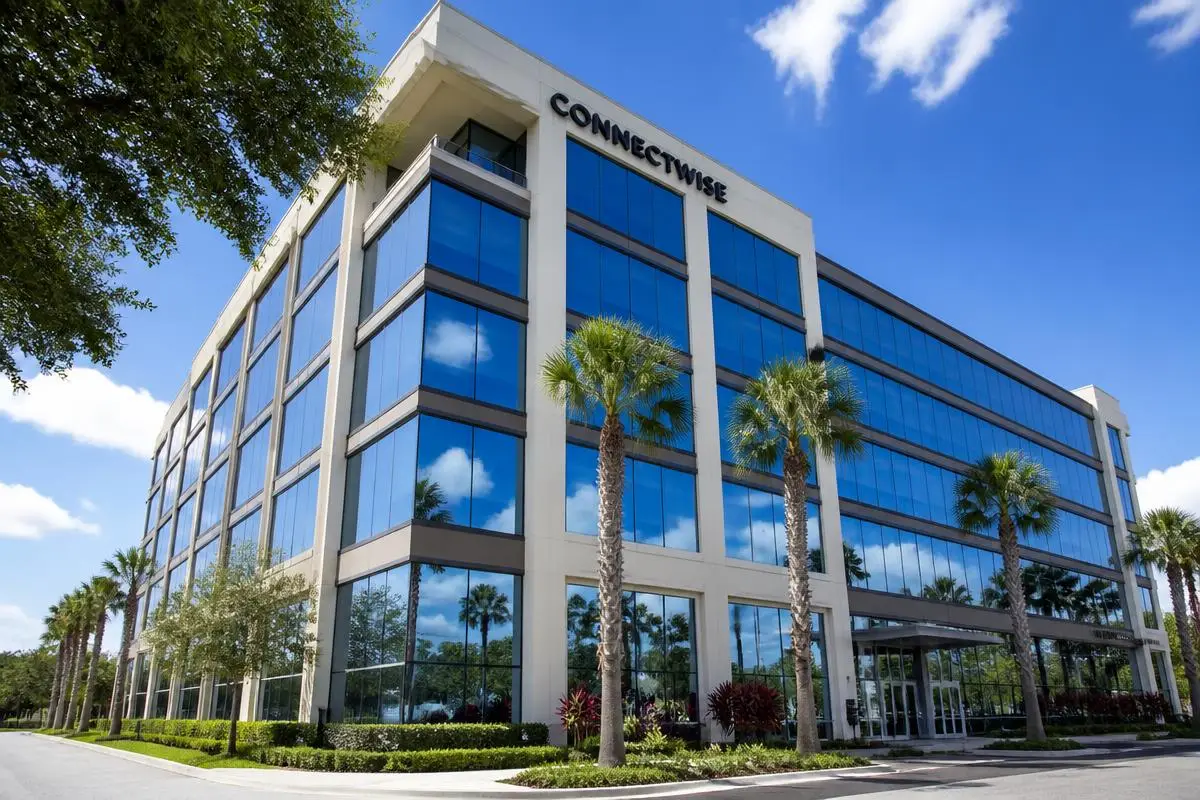 Tampa office building facade with solar control window tint under bright sun