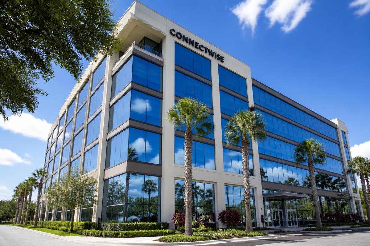 Tampa office building facade with solar control window tint under bright sun