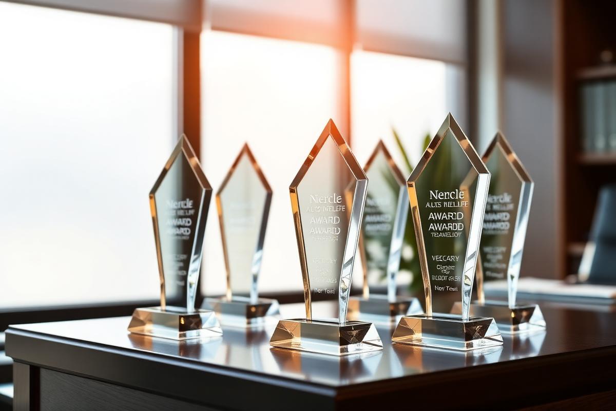 Crystal service award trophies on an office desk beside a tinted glass window