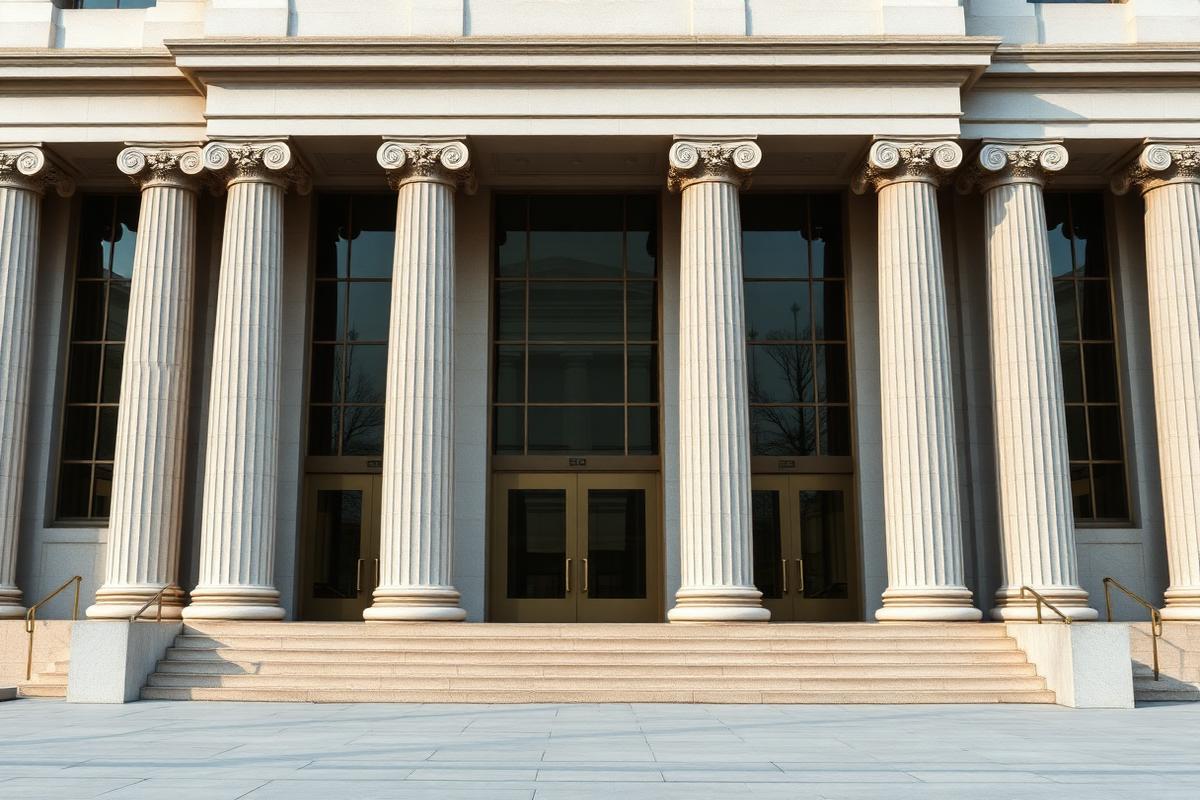 Federal government building facade with columns and tinted glass entrance doors