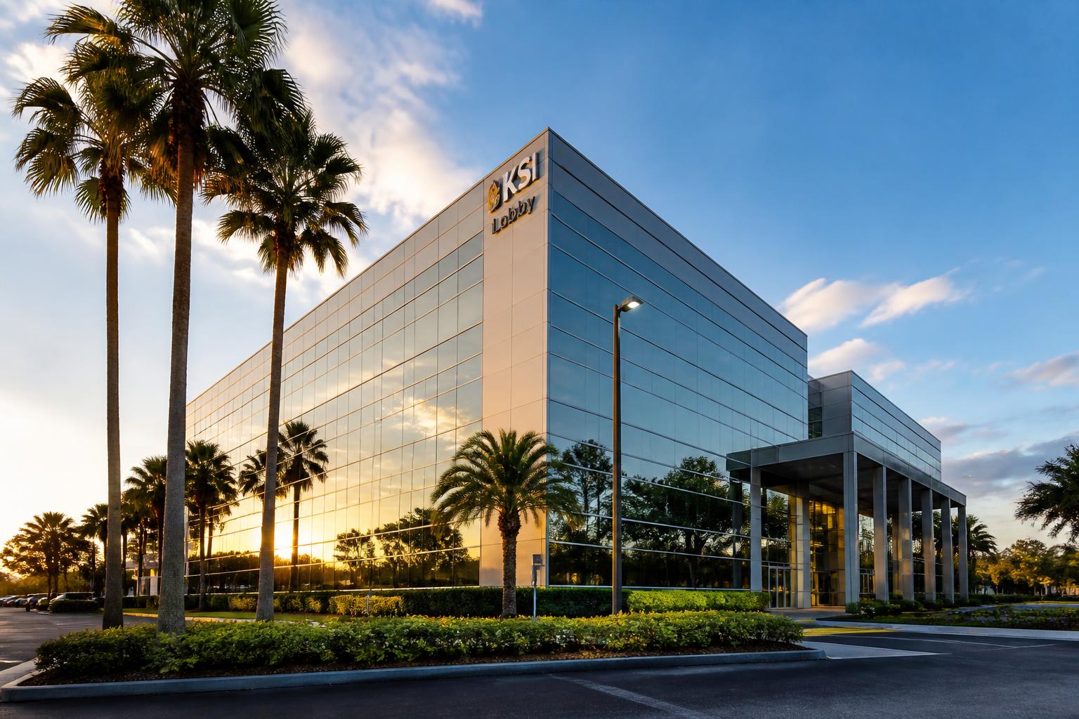 Modern Florida corporate glass office building at golden hour with solar control window film