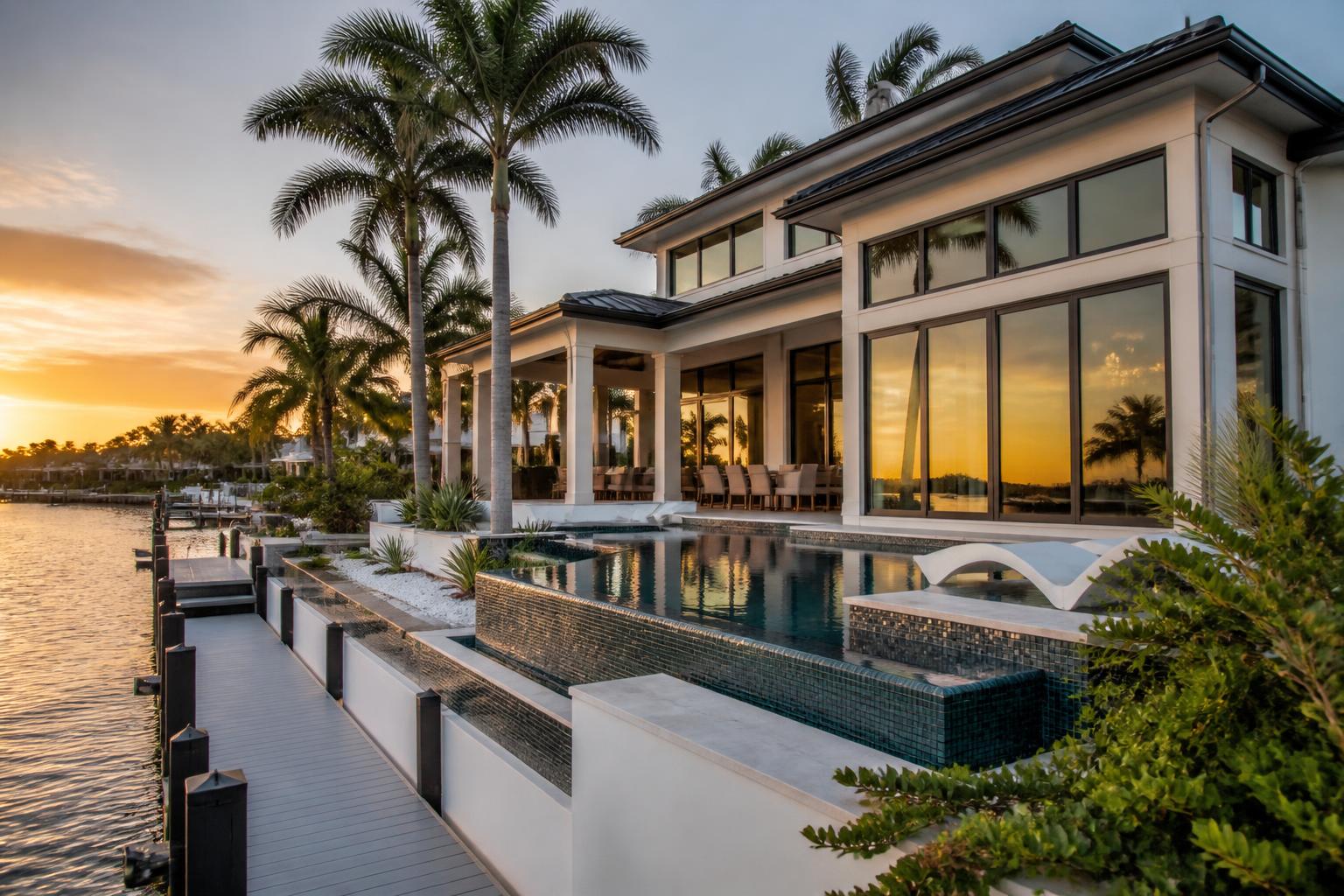 Luxury Florida waterfront home with large tinted glass windows at sunset