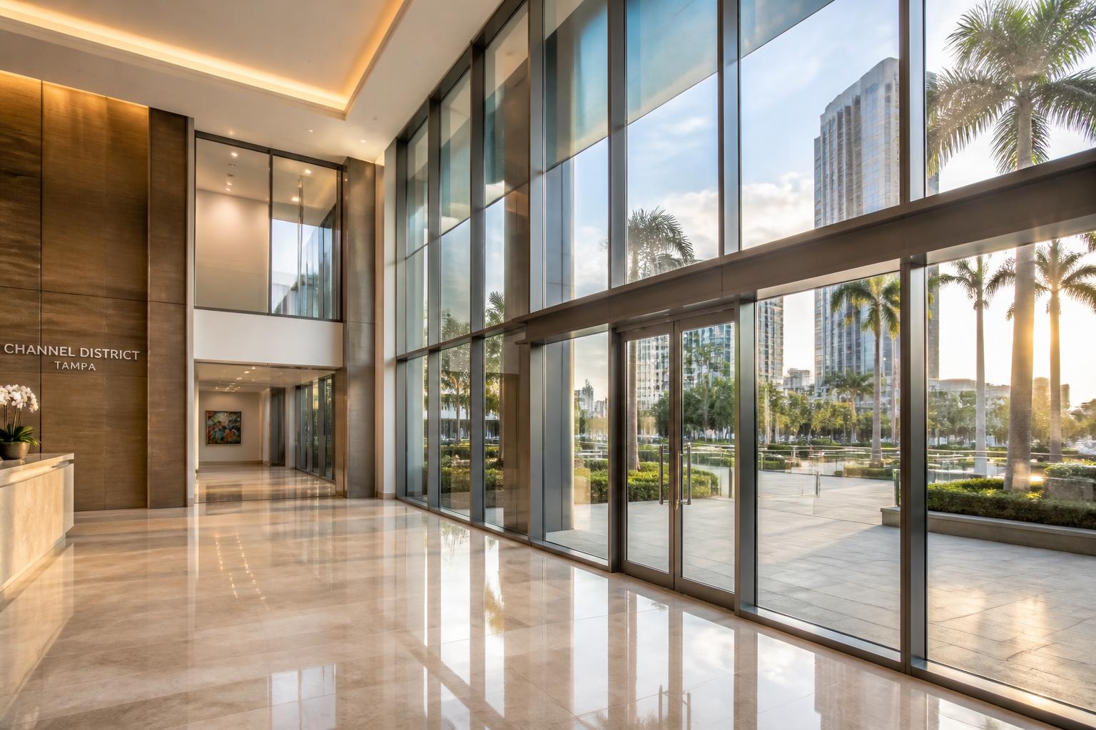 Modern commercial lobby in Tampa with large glass windows protected by security film