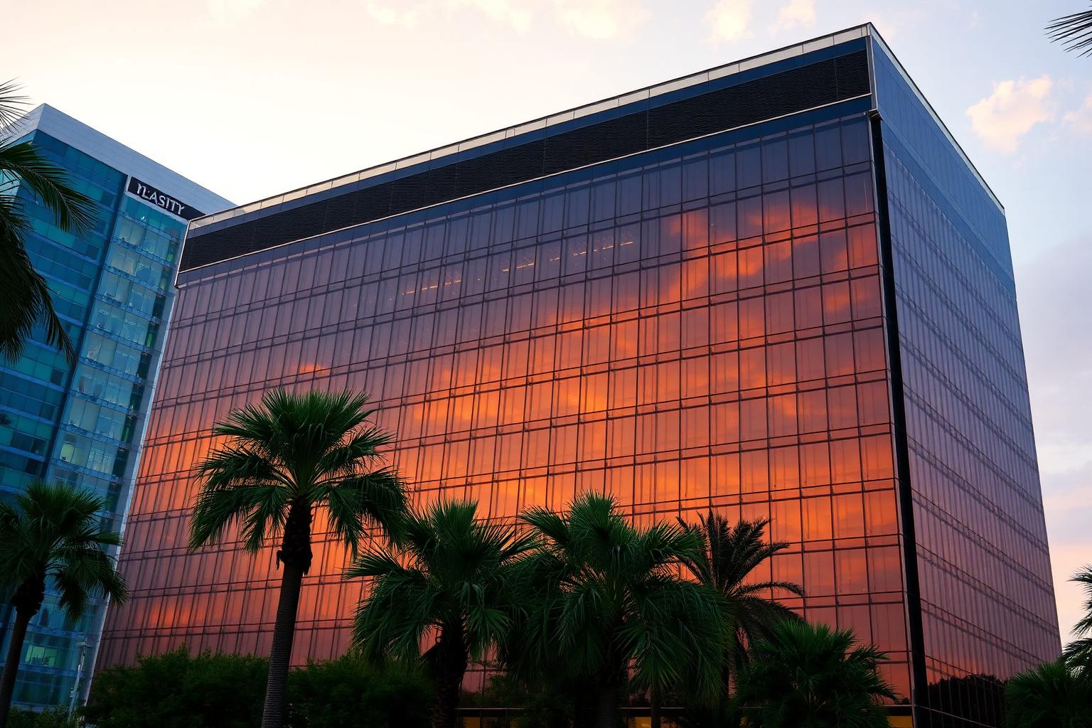 Modern Tampa office tower with bronze solar control window film at golden hour