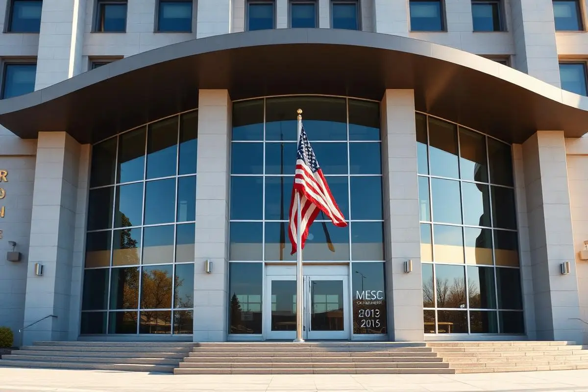 Federal government building with large tinted glass windows protected by security window film