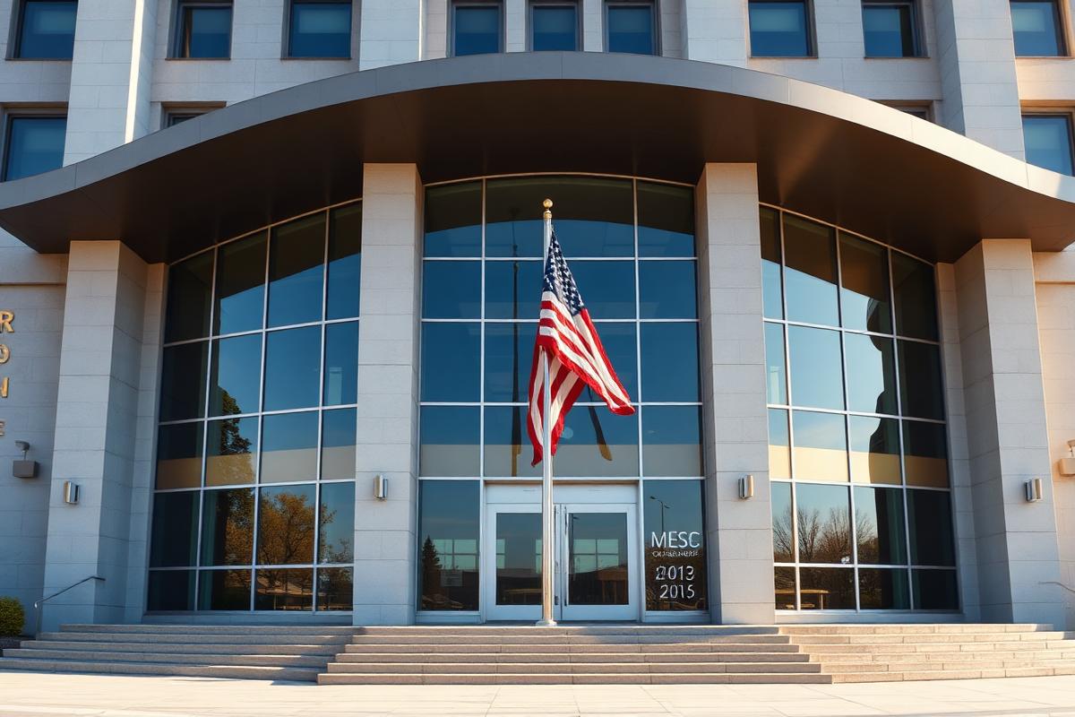 Federal government building with large tinted glass windows protected by security window film
