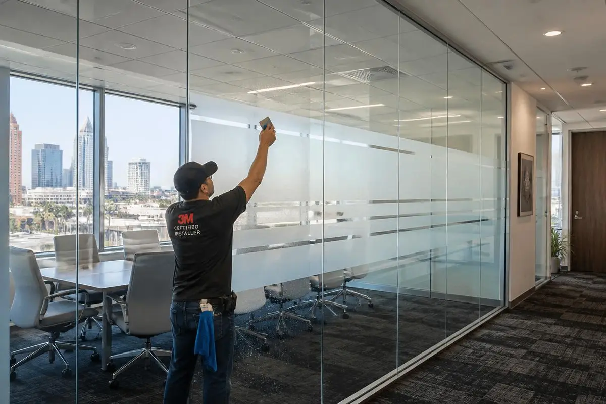 Certified installer applying 3M decorative frosted window film to a glass conference room wall